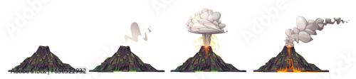 Cartoon volcano lava eruption animation vector illustration. Isolated hot volcanic smoke and ash icon drawing. Natural outdoor seismic island element. Danger vfx game science graphic with magma