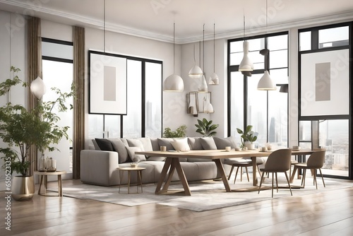  Generate a 3D-rendered illustration of a poster frame mockup hanging on the wall of a lavish apartment s living room. Highlight the fusion of modern design in the open-concept space  showcasing the k