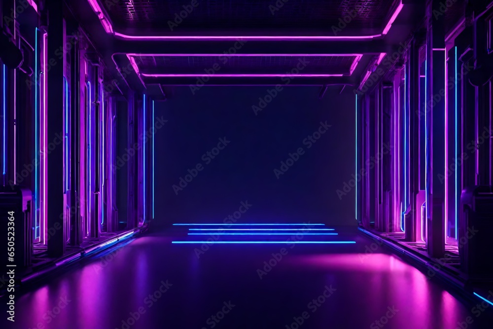Create a mesmerizing 3D-rendered image that showcases a neon-lit rectangle frame with elegant lines and tubes in purple, pink, and blue hues, set against a gritty, concrete brick room. Use dramatic li - obrazy, fototapety, plakaty 