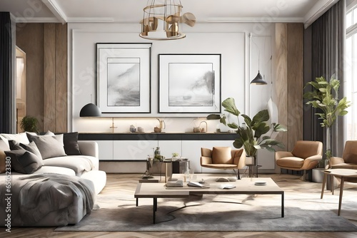 Generate a 3D-rendered illustration of a poster frame mockup hanging on the wall of a lavish apartment s living room. Highlight the fusion of modern design in the open-concept space  showcasing the ki