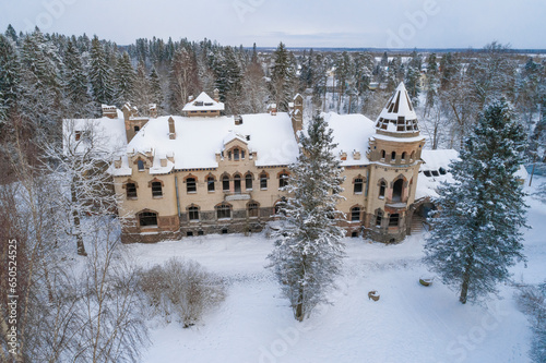 Ancient abandoned mansion of the Eliseev estate (1912) in a winter landscape (aerial photography). Belogorka, Leningrad region. Russia photo