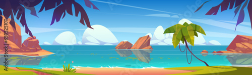 Sunny seascape with palm trees on sandy beach. Vector cartoon illustration of beautiful sea view, tropical nature with exotic flowers and green grass, waves washing coastline, rocky stone islands