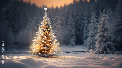  Christmas tree adorned with sparkling lights in the pine forest