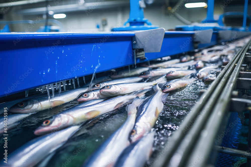 Fish processing plant. Production Line. Raw sea fish on a factory