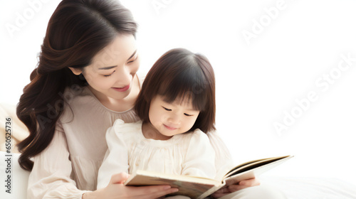 Asian mommy reads bedtime story to her little kid in the bedroom with warm and love with white background, showing love and care to the daughter, Mother and daughter, Parenting
