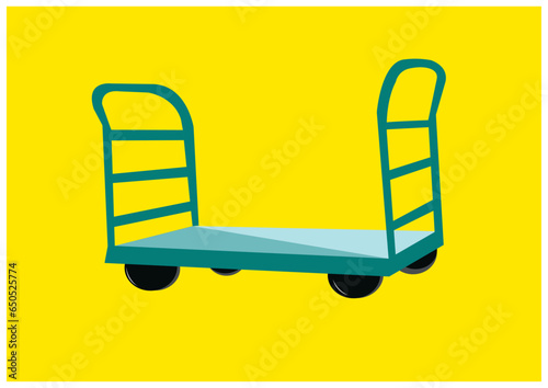 Vector illustration of hand pulled luggage platform truck used at hotels on yellow background.
