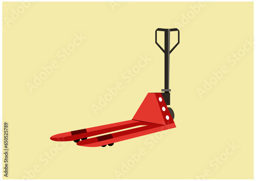 Vector illustration of manual pallet jack used at warehouse to loading and unloading heavy goods on light yellow background.
