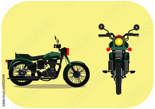 Vector illustration set of front and side view of dark green color Royal Enfield Bullet 350CC on yellow background.
 photo