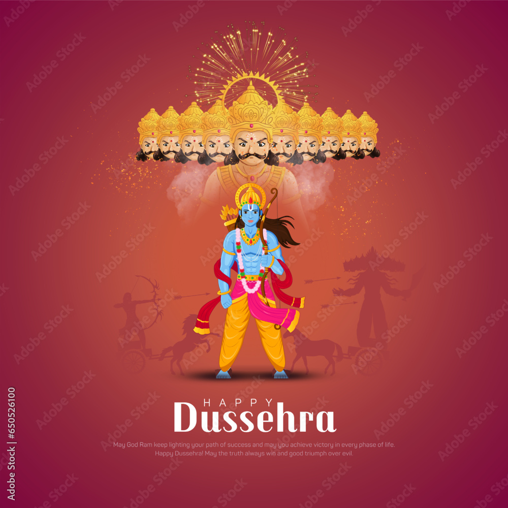 Lord rama killing ravana with ten heads in happy dussehra celebration background Vector illustration. - obrazy, fototapety, plakaty 