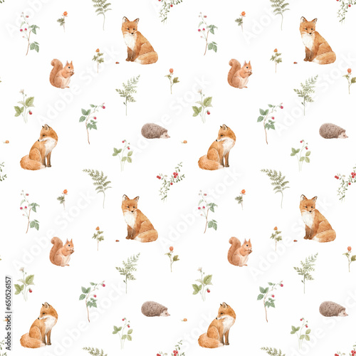Beautiful seamless pattern with hand drawn watercolor forest fox squirrel hedgehog animals and plants. Stock illustration. Popular design.