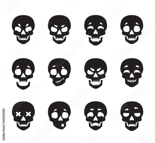 Skull emoji silhouettes. Black and white emoticons, vector design elements and stickers for social media in the shape of skulls with different emotions.