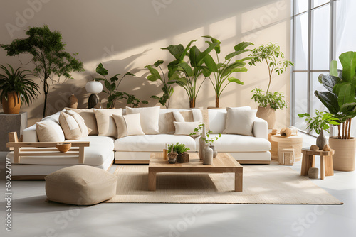 Modern interior of an open space with modular sofas, furniture, plaid wooden coffee table, pillows, tropical plants and elegant personal accessories in a modern home decor, neutral living room.