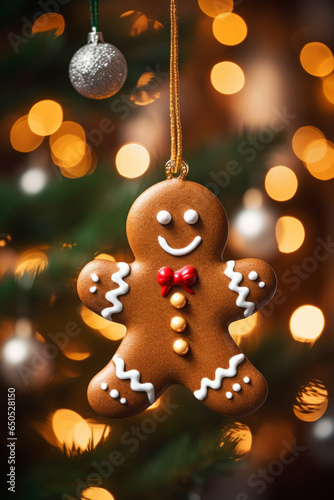 Cute gingerbread man cookie with icing details hanging as an ornament on a beautifully decorated Christmas tree, surrounded by festive lights and ornaments