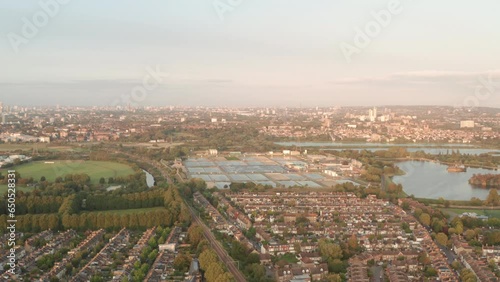 Aerial shot towards Coppermill Water treatment works Walthamstow Wetlands London photo