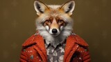 A fox wearing a red coat and a tie