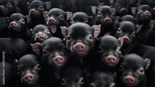 A large group of black pigs with pink noses