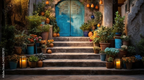  a set of steps leading up to a blue door surrounded by potted plants.  generative ai © Olga