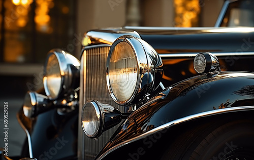 Close-up of the headlights of a black vintage car © Dina