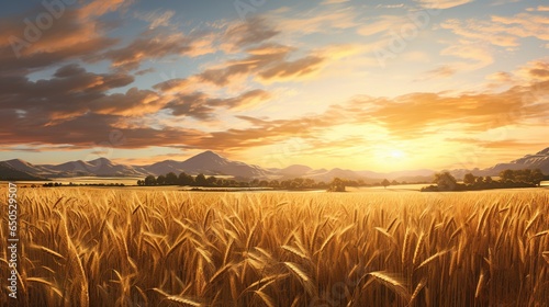  a painting of a sunset over a wheat field with mountains in the background. generative ai