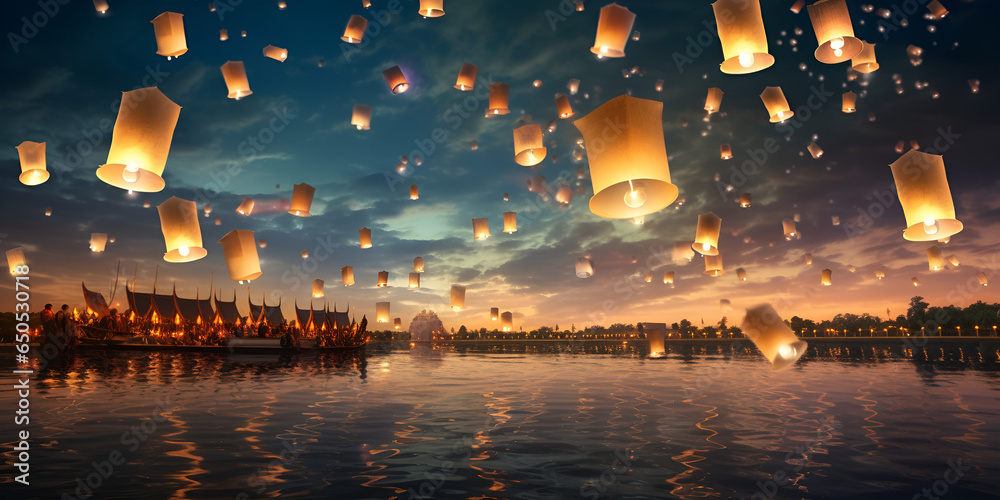  Sky lanterns lantern lighting ceremony at sunset, Beautiful Lantern floating in sky over river. Generative AI - obrazy, fototapety, plakaty 