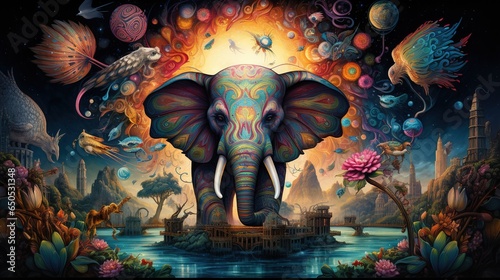  a painting of an elephant surrounded by fish and other things. generative ai