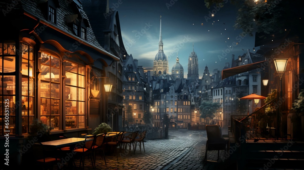 Romantic street cafe in the evening on the narrow streets of an old European city at night - obrazy, fototapety, plakaty 