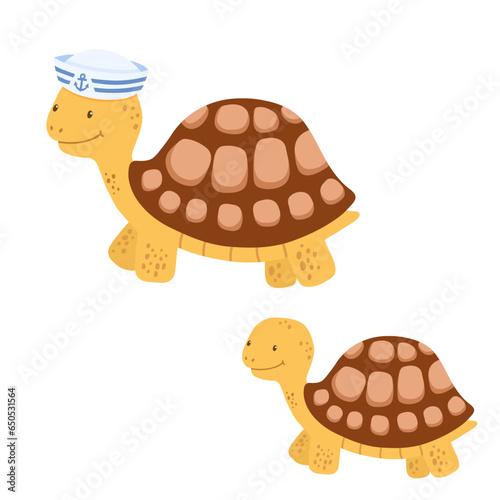 Vector cute smiling turtle with sailor hat isolated on white background. Baby character illustration