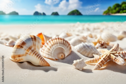 Tropical Tranquility: Seashells on a White Sandy Seacoast © INT888