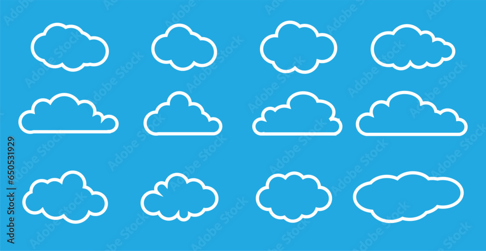 White line art cloudy set isolated on Blue background. White line art cloudy set isolated on Blue background.