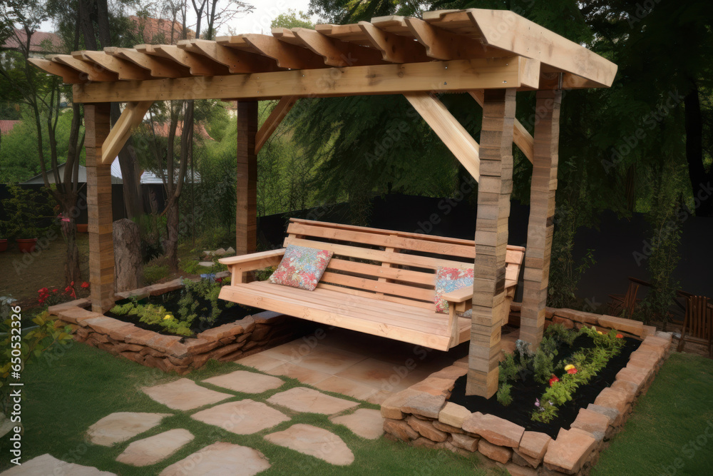 Outdoor garden furniture with wooden bench and chair in the garden. Outdoor garden furniture with wooden bench and chair in the garden.