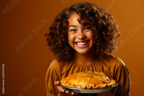Radiant young girl in festive dress  joyfully holding a homemade pumpkin pie against plain background  symbolizing Thanksgiving warmth  family unity and love.