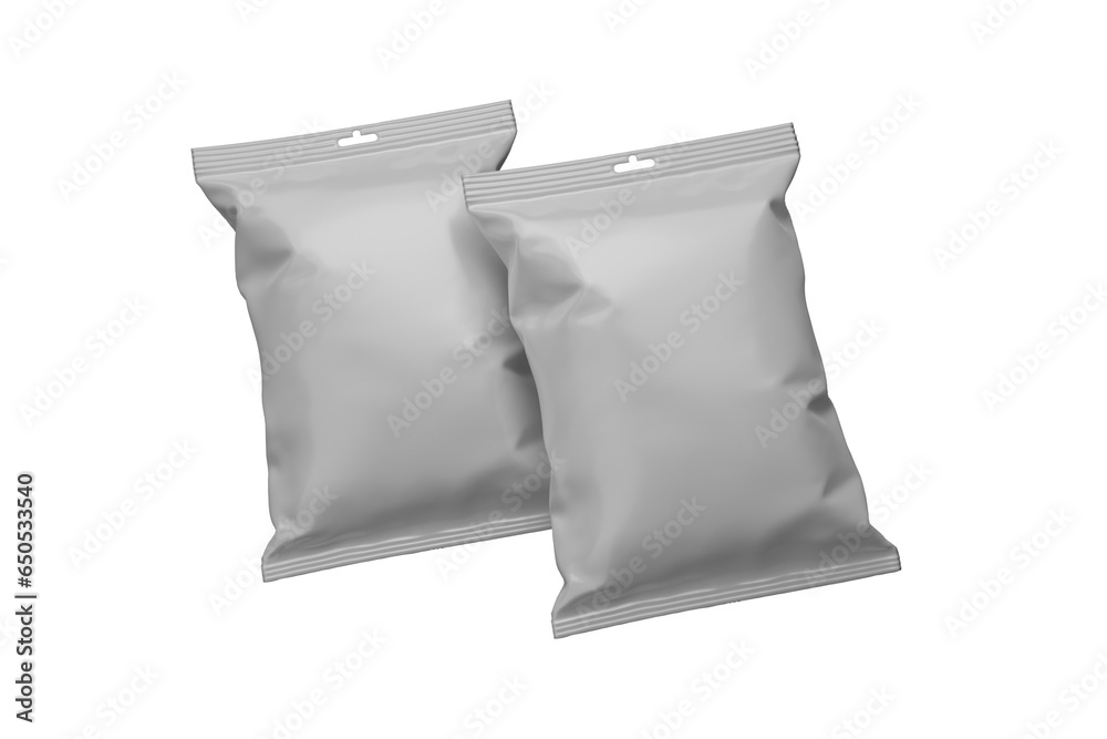
3d rendering of empty white packaging for snacks, for mock up design of chips, crackers, french fries and others on a transparent background. png files