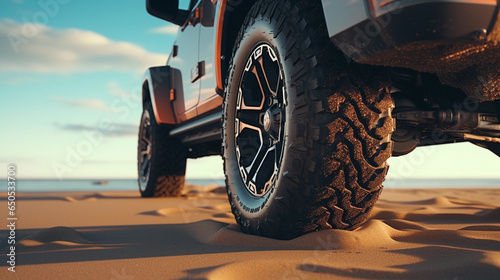 Offroad vehicles on beach, tires covered with mud in low angle view