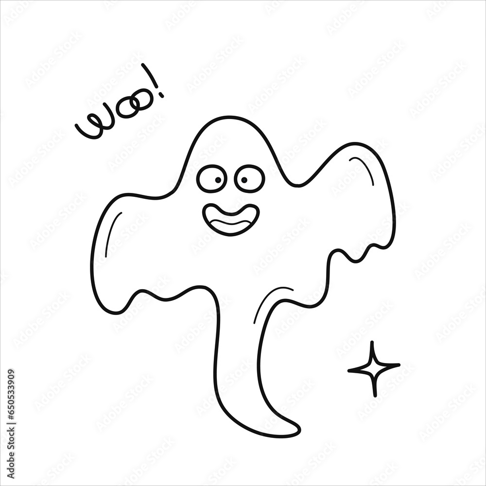 Fototapeta premium Vector black line illustration of funny halloween ghost.