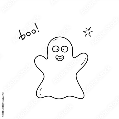 Vector black line illustration of funny halloween ghost.
