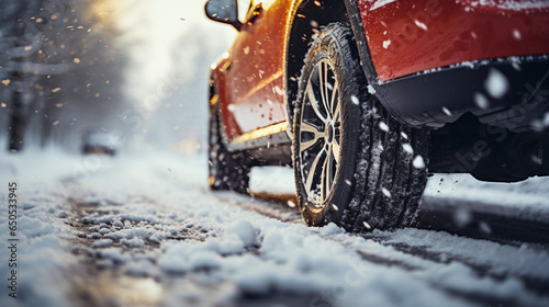 Winter tires, Suv car tires on road covered with snow closeup low angle view