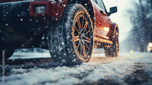 Winter tires, Suv car tires on road covered with snow closeup low angle view