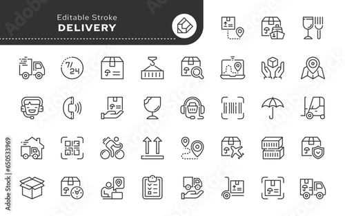Line icon set. Delivery, logistics and cargo transportation. Vector icon pack.