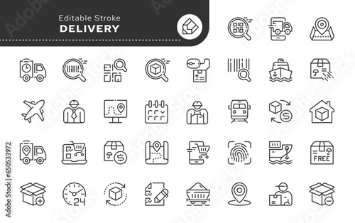 Line icon set. Delivery, logistics and cargo transportation. Vector icon pack.