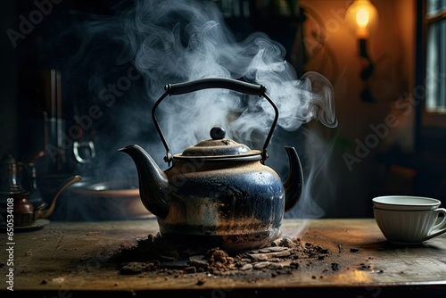 Old earthen teapot on a old stove with smoke
