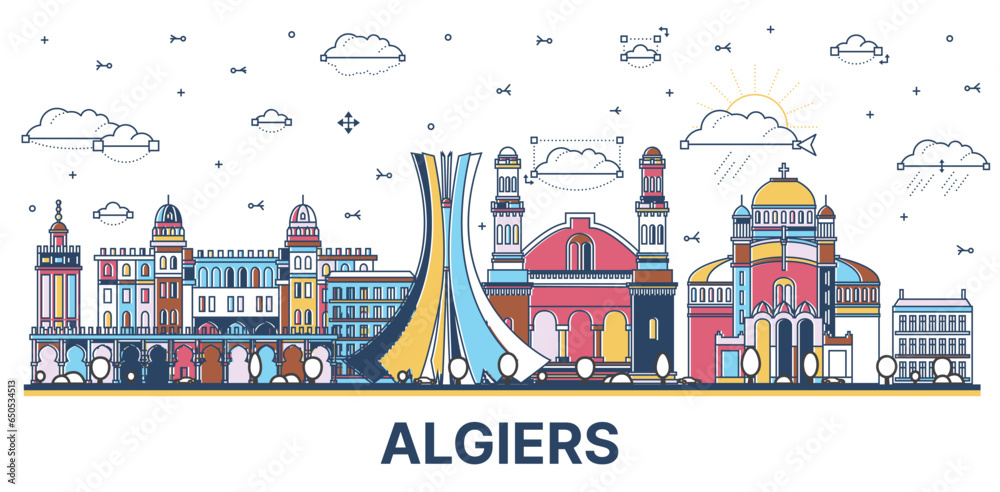Outline Algiers Algeria city skyline with colored modern and historic buildings isolated on white.
