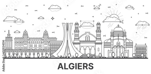 Outline Algiers Algeria city skyline with modern and historic buildings isolated on white.