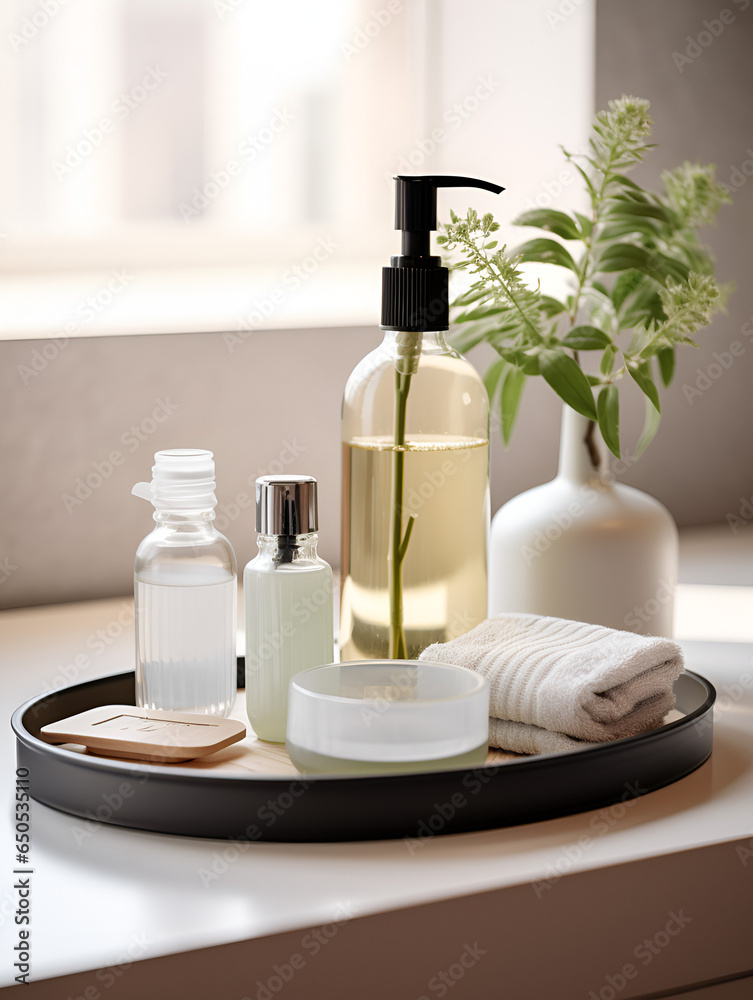 Black tray with mock up dispenser bottles on a sink in the bathroom, spa cosmetic products concept Black tray with mock up dispenser bottles on a sink in the bathroom, spa cosmetic products concept