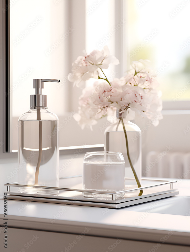 White bathroom tray with mock up dispenser bottles and towel on a table, spa cosmetic products concept White bathroom tray with mock up dispenser bottles and towel on a table, spa cosmetic products concept