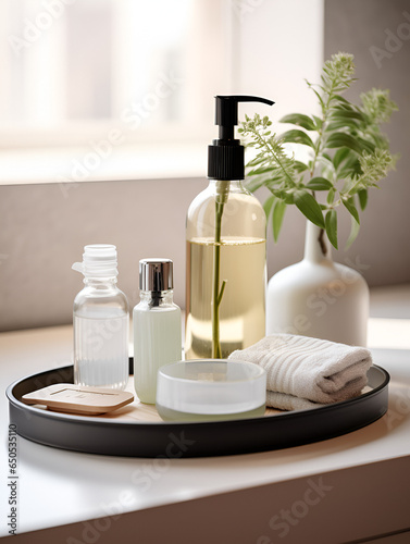 Black tray with mock up dispenser bottles on a sink in the bathroom, spa cosmetic products concept