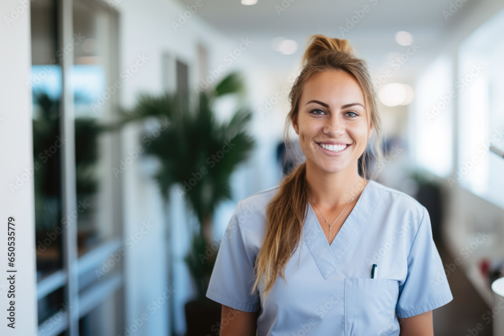 Photo portrait of an attractive nurse smiling, in her work clothes, in the middle of a hospital Photo portrait of an attractive nurse smiling, in her work clothes, in the middle of a hospital