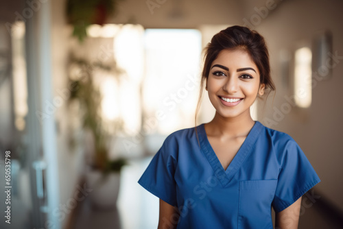 Photo portrait of an attractive nurse smiling, in her work clothes, in the middle of a hospital