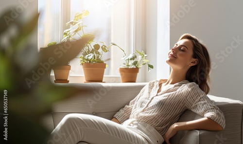 A woman sitting on a couch in front of a window photo