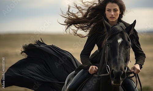 A woman riding a black horse