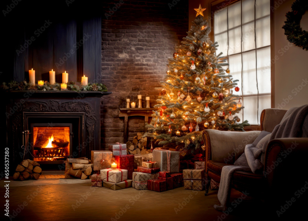 Christmas Tree in cozy living room. Hygge style. Winter holidays concept